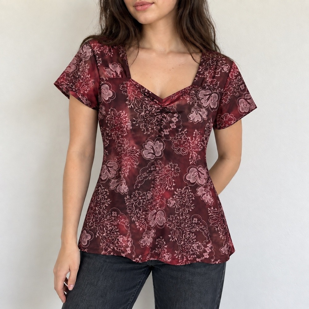 Susan Lawrence Burgundy Floral Top Ruched Sweetheart Neck Small Y2K Whimsigoth